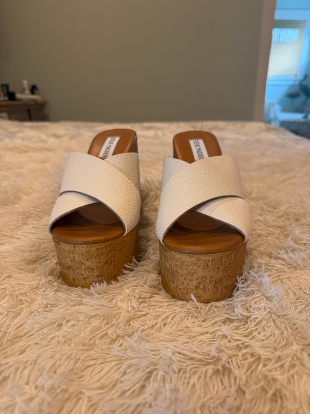 Steve Madden White Cork Platform Slide Mules